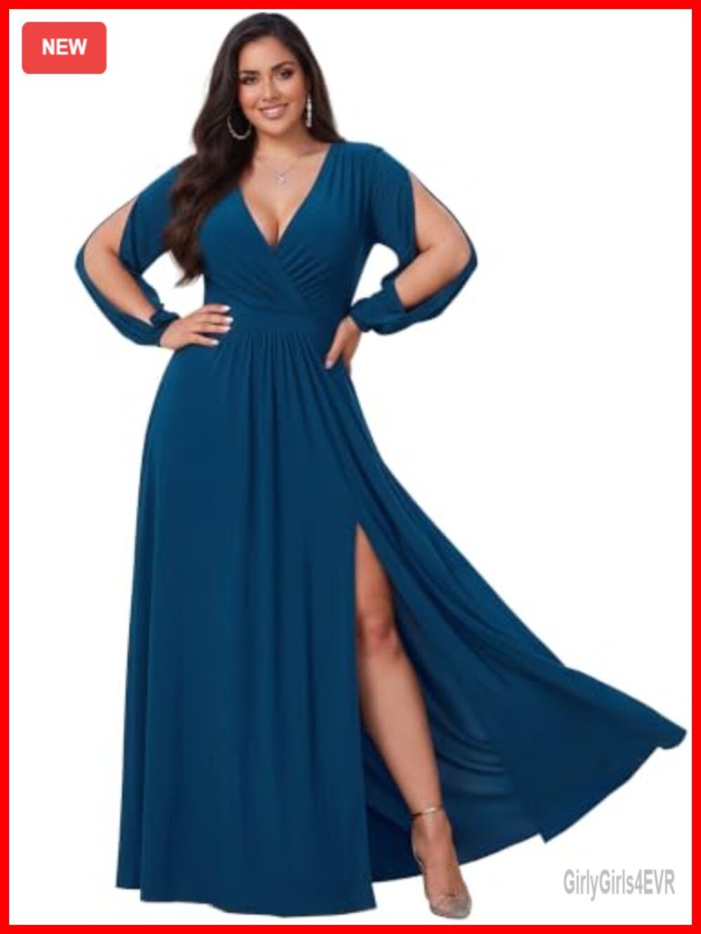 Womens Long Sleeve V-Neck Wrap Maxi Dress Slit Formal Evening Gown